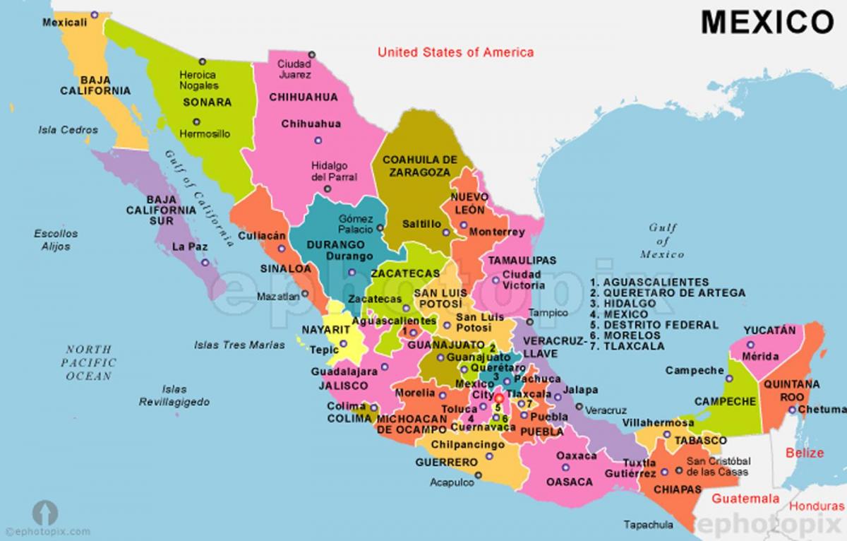 مکزیک نقشه با کشورها و پایتخت